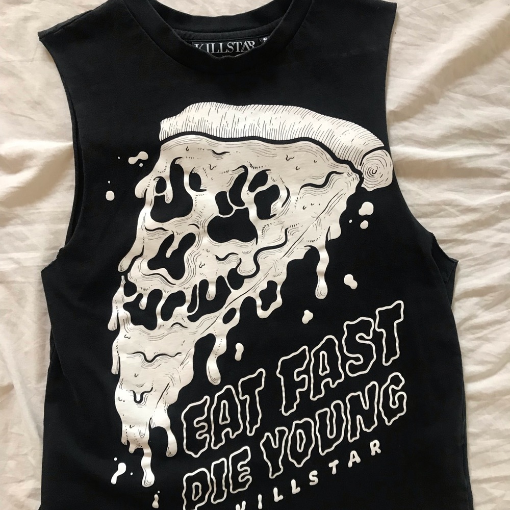 Eat fast die young pizza tank top
